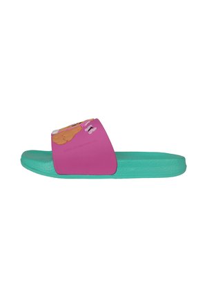 Turquoise slide sandal with a pink strap featuring a cartoon dog and a white bone design on a white background.