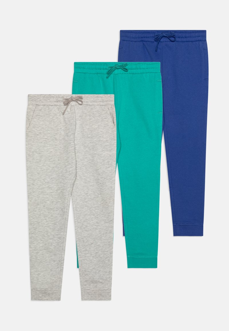 Three pairs of jogger pants in gray, teal, and navy. Each features an elastic waistband, drawstring, and side pockets. Smooth cotton fabric.