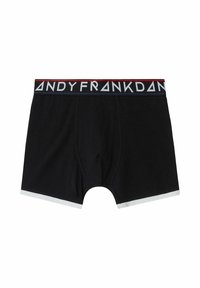 Svarta boxershorts gjorda av mjukt tyg med kontrasterande vit fåll. Har ett djärvt midjeband med texten "ANDY FRANK" i vitt och röda accenter.