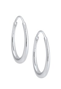 Sølv hoop øreringe med et glat, rundt design. Metallet har en poleret overflade og har en sikker lukning.