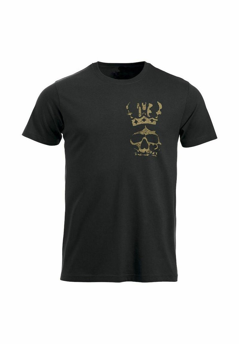Sort bomulds t-shirt med et guld kranium grafik med krone design trykt på forsiden. Klassisk rund hals og korte ærmer.