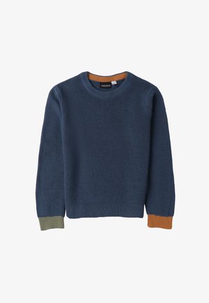 Maglione blu lavorato a maglia con colletto rotondo, caratterizzato da polsini a coste verdi e arancioni in contrasto. Tessuto testurizzato e design a tinta unita.