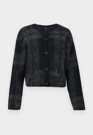Zwarte en grijze fuzzy cardigan met ronde hals, lange mouwen en vijf knopen aan de voorkant. Zachte textuur met een cropped ontwerp.