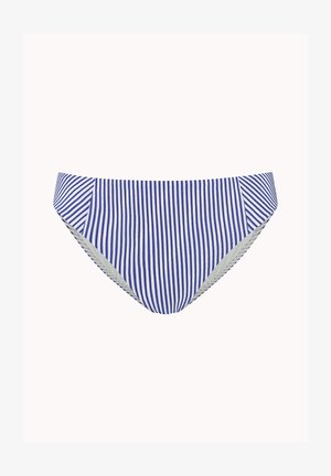 Blau-weiße Bikinihose mit vertikalen Streifen, mittlerer Bundhöhe und schrägen seitlichen Einsätzen.