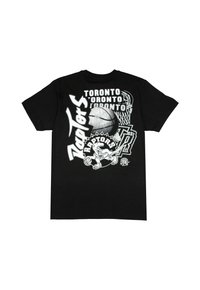 Schwarzes Baumwoll-T-Shirt mit einem grafischen Design, das den Text "Toronto Raptors", einen Basketball und eine Dinosaurierfigur in Weiß- und Grautönen zeigt.