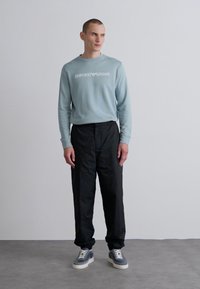 Hea sinine pika varrukaga dressipluus, millel on "Emporio Armani" logo, koos mustade pükstega ja hallide tossudega, millel on valged tallad. Lihtne disain.