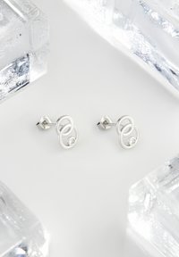 Sölvörhängen med sammanflätade cirkeldesigner, var och en med en liten klar ädelsten. Mot en ljus bakgrund med isblock.