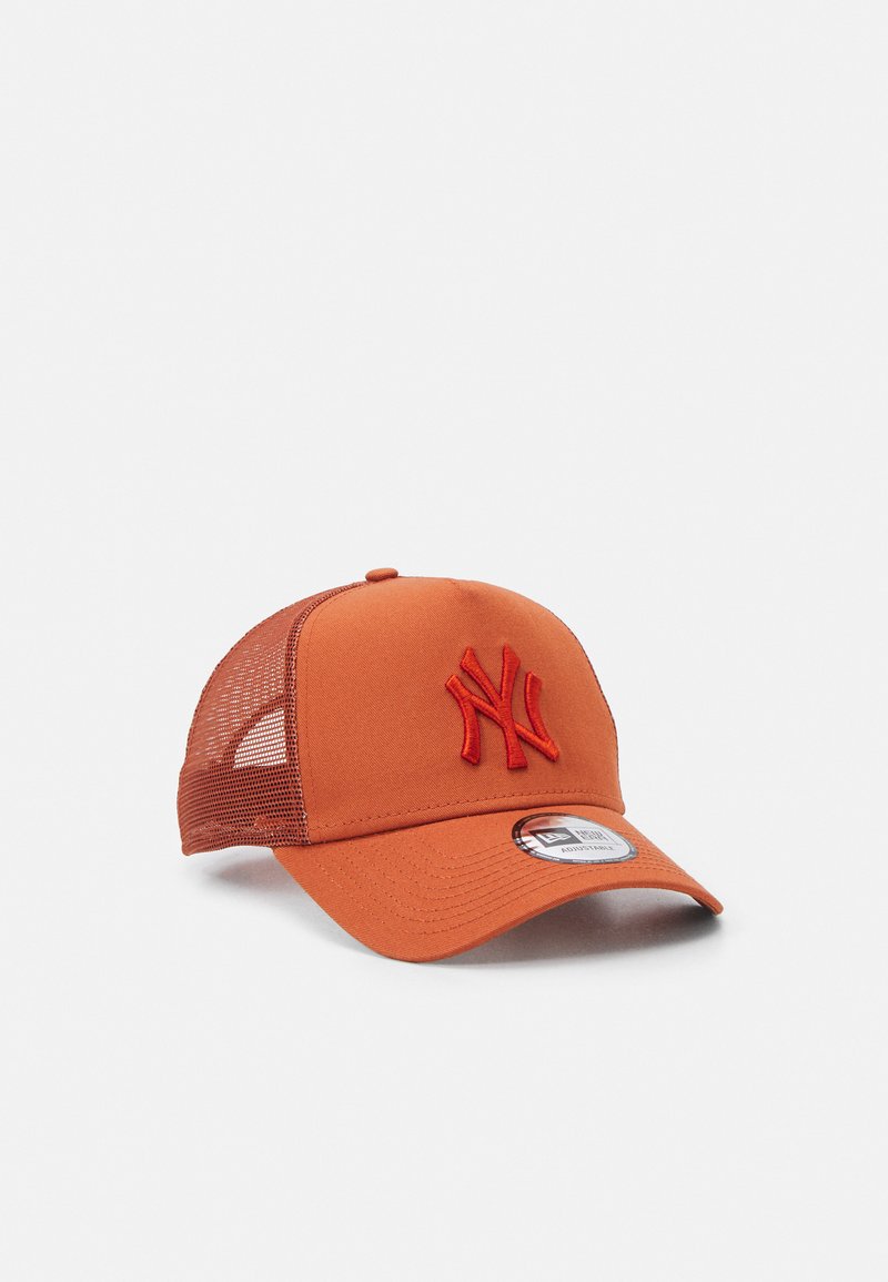 Orange baseball cap with a solid front and mesh back. Features a raised red embroidered logo and a curved visor. Adjustable strap at the back.