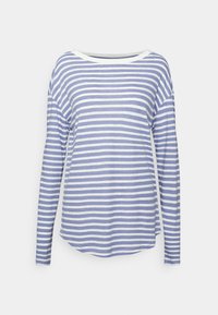 Randig långärmad topp i ljusblått och vitt bomull. Har en bred halsringning och en bågad nederkant med sidofickor. Mjuk textur och avslappnad passform.