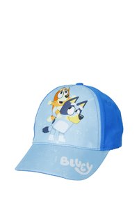 Cappello blu con visiera curva, caratterizzato da personaggi dei cartoni animati sulla parte frontale. Realizzato in tessuto, con un corpo azzurro chiaro e accenti blu scuro.