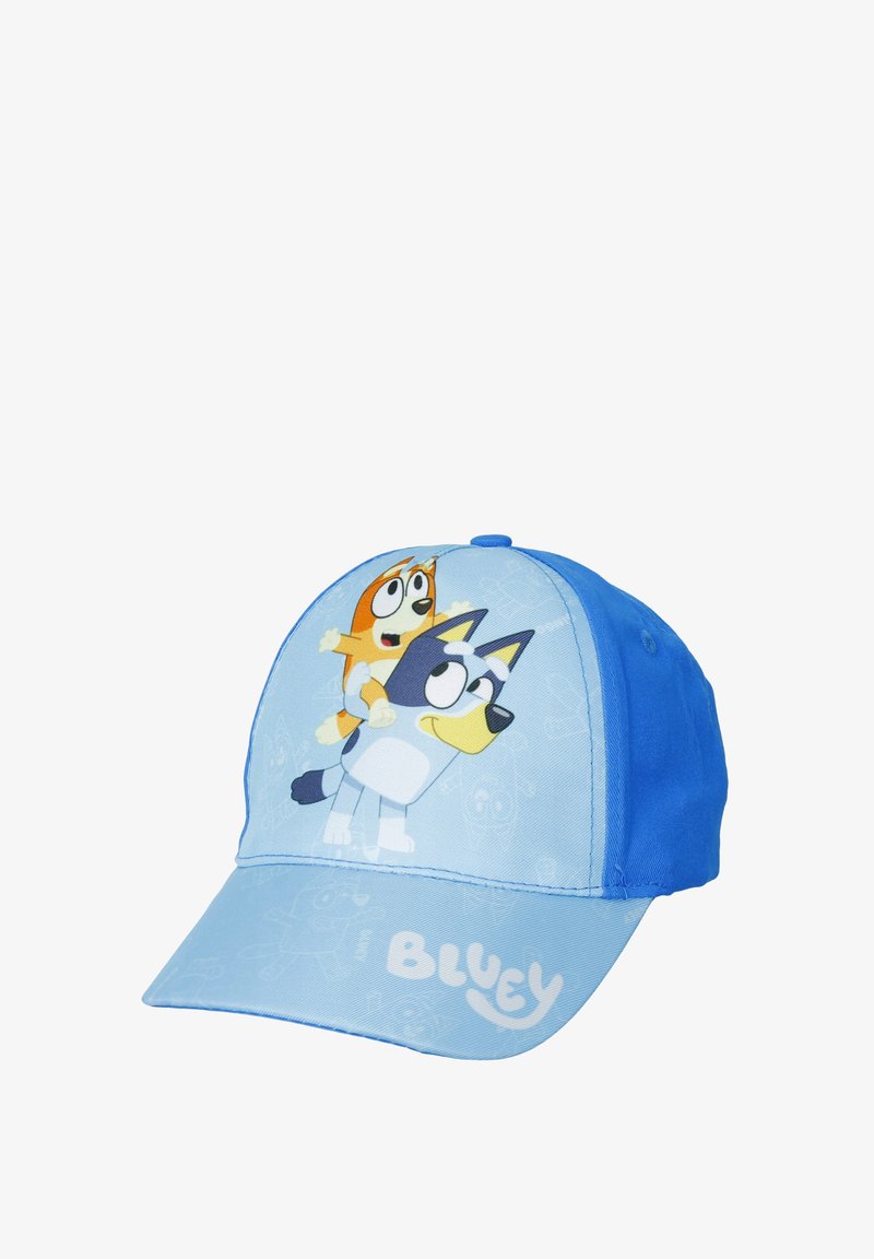 Cappello blu con visiera curva, caratterizzato da personaggi dei cartoni animati sulla parte frontale. Realizzato in tessuto, con un corpo azzurro chiaro e accenti blu scuro.