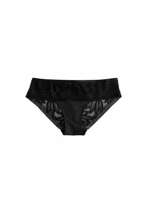Sous-vêtements noirs avec une bande en dentelle à motifs de feuilles, un corps en tissu lisse et un détail en maille semi-transparente sur les côtés.