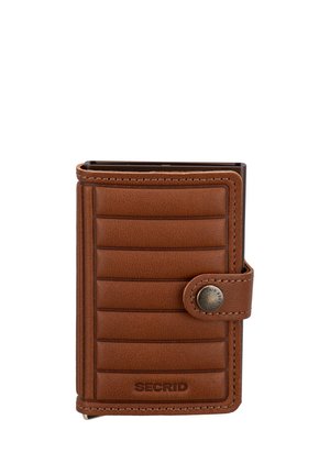 Brown leather Secrid wallet with horizontal padded lines, a snap button closure, and visible stitching on a white background.