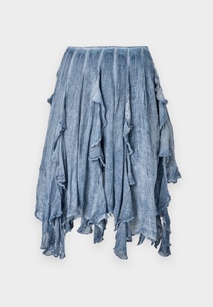 Denim rok met een ruchesontwerp, variërend in tinten lichtblauw, met een gestructureerde stof en een ongelijkmatige zoom. Voorzien van delicate rafelingdetails.