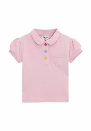 Polo shirt rose clair avec manches bouffantes, col, quatre boutons colorés et une petite poche sur la poitrine avec des détails en forme de vagues.