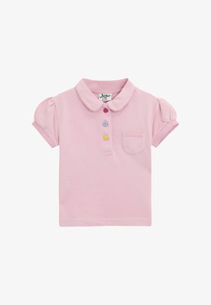 Tricou polo roz deschis cu mâneci bufante, guler, patru butoane colorate și un mic buzunar pe piept cu detalii ondulate.