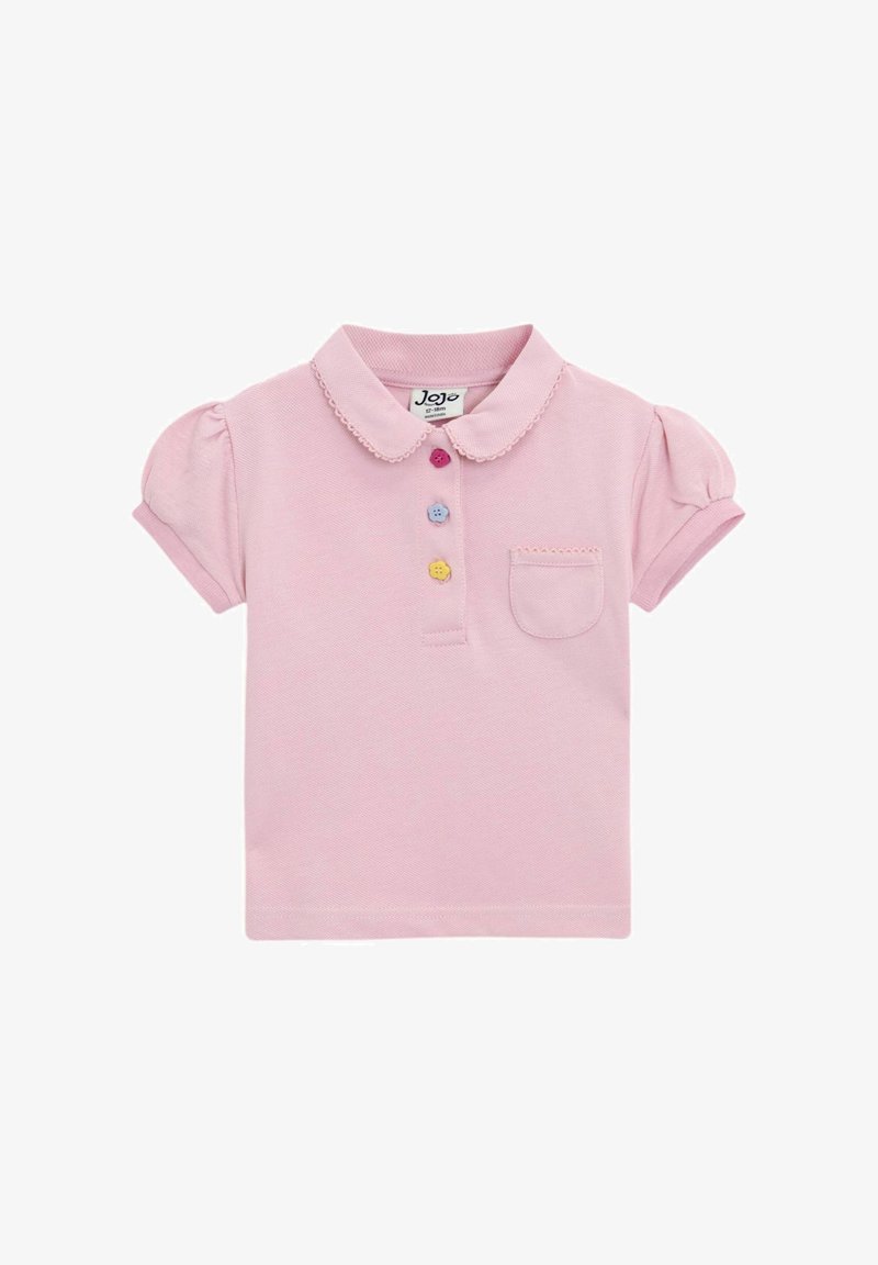 Svetle růžové polo tričko s nabíranými rukávy, límečkem, čtyřmi barevnými knoflíky a malou náprsní kapsou s vlnitým detailem.