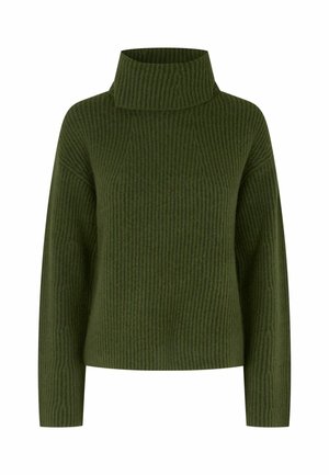 Grüner gestrickter Pullover mit hohem Kragen, der eine vertikale Rippstruktur und lange Ärmel aufweist und ein entspanntes Design bietet.