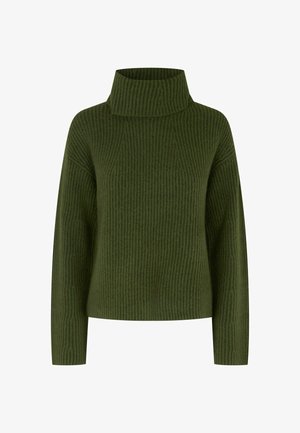 Grøn strikket sweater med høj krave, der har en lodret ribbet struktur og lange ærmer, som giver en afslappet pasform.
