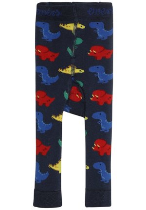 Leggings featuring a dark navy background with colorful dinosaur patterns in red, blue, green, and yellow. Elastic waistband and fitted design.
