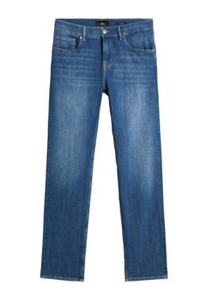 Niebieskie jeansy o dopasowanym kroju z przodu zapinane na guziki i suwak, z pięcioma kieszeniami oraz delikatnym blaknięciem na przedniej części uda.