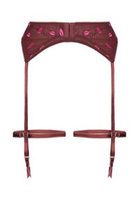 Ζαρτιέρα από μπορντό διαφανές δαντέλα με ροζ κεντήματα χείλους, ρυθμιζόμενους ιμάντες, κυματιστό τελείωμα και μεταλλικά εξαρτήματα για το κλείσιμο.