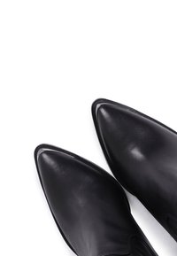 Zapatos negros de cuero con punta puntiaguda, superficie lisa y costuras mínimas, con borde bajo y tacón ligeramente elevado.