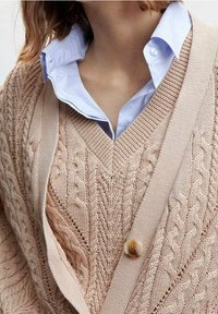 Cardigan beige en tricot avec motif torsadé, design à col en V, avec une chemise à col bleu clair en dessous et un grand bouton en accent.