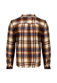 Geverifieerd flanellen shirt in bruin, oranje en crème. Heeft lange mouwen, met knopen afgewerkte manchetten en een klassieke kraag met een rechte rug yoke.