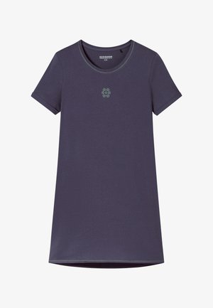 Marineblauwe t-shirt jurk van katoen, met korte mouwen, ronde halslijn en een groen sneeuwvlokpatroon op de borst. Schone, minimalistische uitstraling.