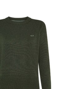 Maglione a coste verde scuro con scollatura rotonda, maniche lunghe e un delicato logo azzurro sul petto.