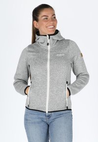 Gray zip-up hoodie with a high collar, featuring black accents, a logo on the chest, and two side pockets. Soft, textured fabric.