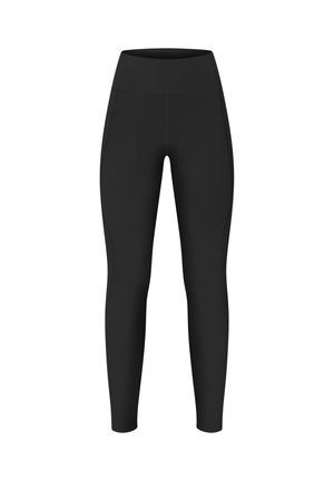 Black leggings made from stretchy fabric, featuring a high waistband, side pockets, and contoured seams for a fitted silhouette.