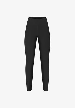 Black leggings made from stretchy fabric, featuring a high waistband, side pockets, and contoured seams for a fitted silhouette.