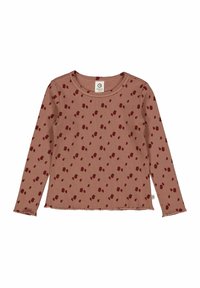 Dlouhý rukáv top v jemně růžové barvě s ribkovanou texturou, zdobený náhodným potiskem bobulí a obroubením bez švu. Štítek umístěn na střední zadní části.