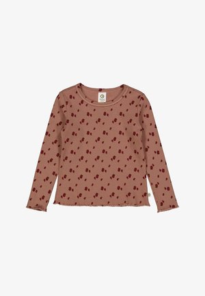 Long-sleeve top in dusty rose with a ribbed texture, featuring a scattered berry print and raw edge hem. Tag located at the center back.