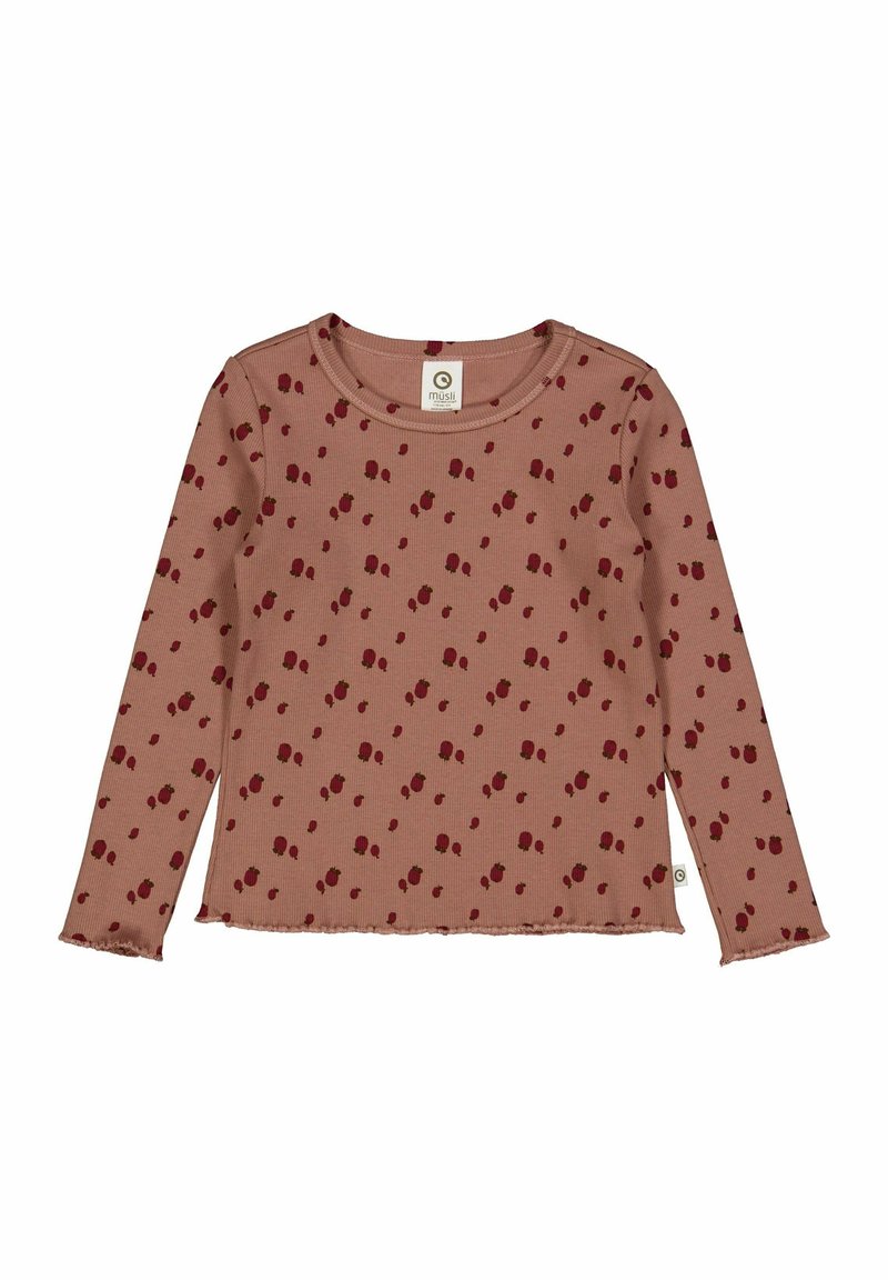 Dlouhý rukáv top v jemně růžové barvě s ribkovanou texturou, zdobený náhodným potiskem bobulí a obroubením bez švu. Štítek umístěn na střední zadní části.