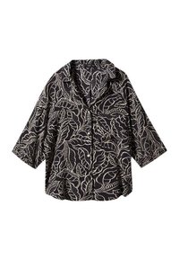 Sort skjorte med knapper og et cremefarvet bladmønster, korte ærmer, krave og en afslappet pasform. Stoffet ser glat ud med en let glans.
