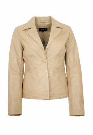 Beiger Damenblazer aus Leder mit Notch-Revers, Einzelknopfverschluss und vorderen Paspeltaschen, Etikett Jilani Größe 36.