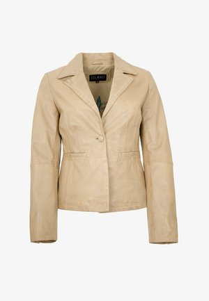 Beiger Damenblazer aus Leder mit Notch-Revers, Einzelknopfverschluss und vorderen Paspeltaschen, Etikett Jilani Größe 36.