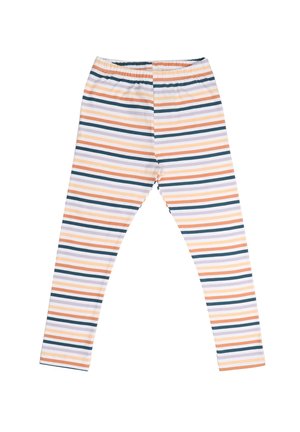 Leggings with an elastic waistband, featuring horizontal stripes in orange, white, and navy. Made from a soft, stretchable fabric.