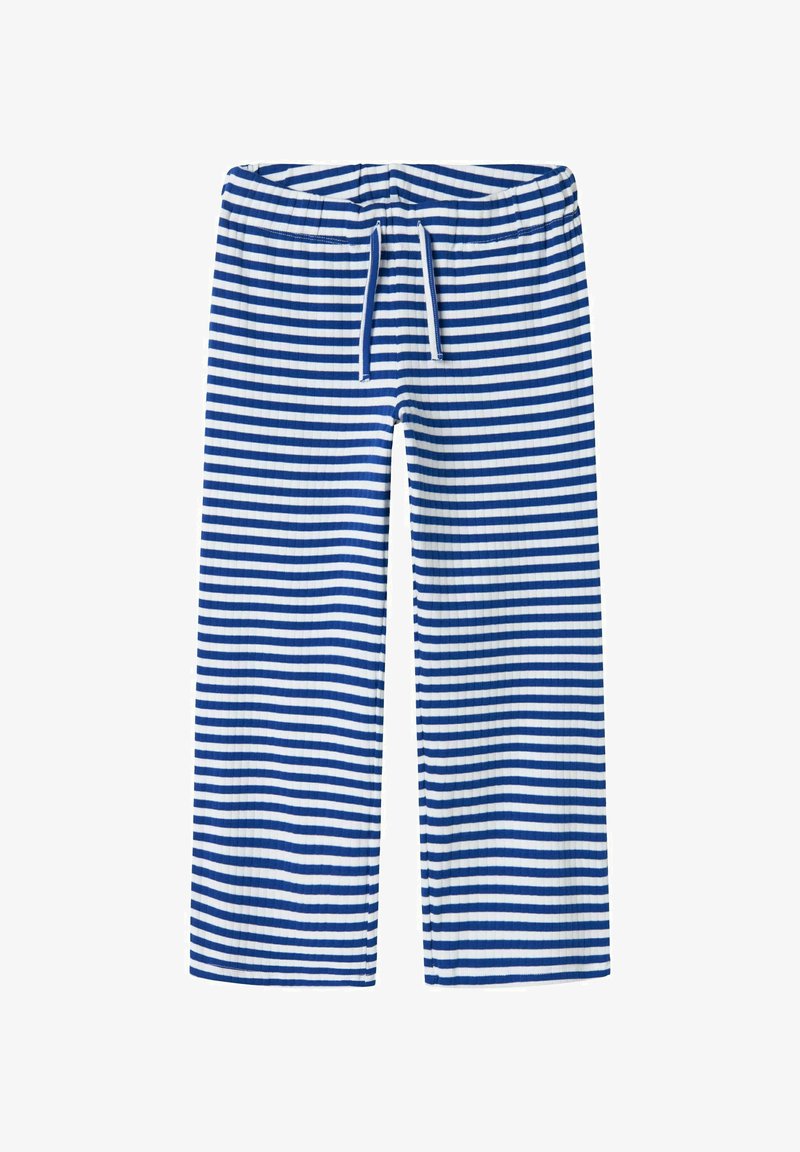 Hlače od plavog i bijelog prugastog platna s elastičnim pojasom, s rebrastom teksturom i širokim ravnim nogavicama.