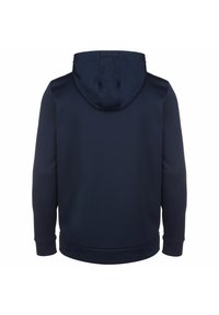 Mørkeblåt hættetrøje med en glat tekstur, som har snoretræk i hætten, ribbede manchetter og kant, designet til en afslappet pasform. Bagudsigten.