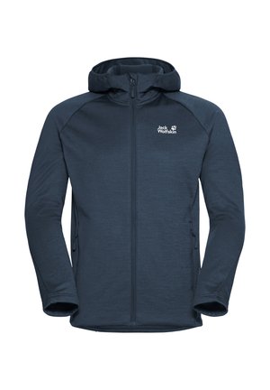 Marineblaue Fleecejacke mit Kapuze, Frontreißverschluss und zwei Seitentaschen. Sie hat eine glatte Textur und ein Logo auf der linken Brustseite.