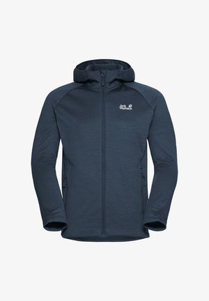 Marineblaue Fleecejacke mit Kapuze, Frontreißverschluss und zwei Seitentaschen. Sie hat eine glatte Textur und ein Logo auf der linken Brustseite.