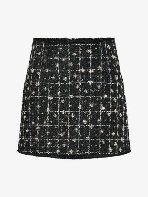 Zwarte tweed rok met een ruitpatroon, verfraaid met pailletten en kleine bloemaccenten, met een rafelige zoom en een aansluitend ontwerp.