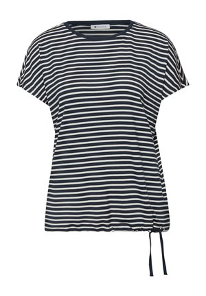 Haut à manches courtes à rayures horizontales bleu marine et blanc, avec un col rond et un ourlet réglable par cordon de serrage sur le côté droit.