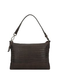 Dunkelbraune Leder-Schultertasche mit horizontal gerippter Textur, einem abnehmbaren Tragegurt und einem Metallverschluss. Flach rechteckige Form.