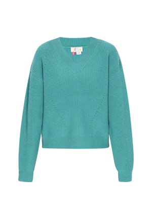 Teal színű V-nyakú pulóver textúrált kötött mintával és hosszú ujjakkal, cropped fazonnal és diszkrét dizájnelemekkel.