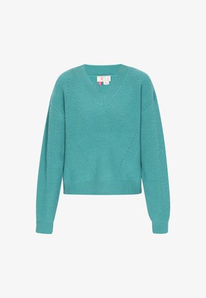 Teal V-hals sweater med et tekstureret strikkemønster og lange ærmer, der har en cropped pasform og subtile designdetaljer.